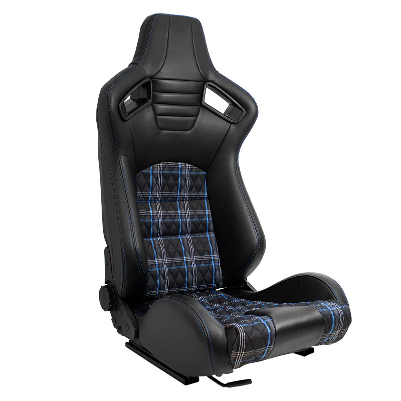 Sport seat 'GT' - Black Synthetic leather + Fabric in Blue checkered pattern + Blue stitching - Dual-side reclinable back-rest - incl. slides