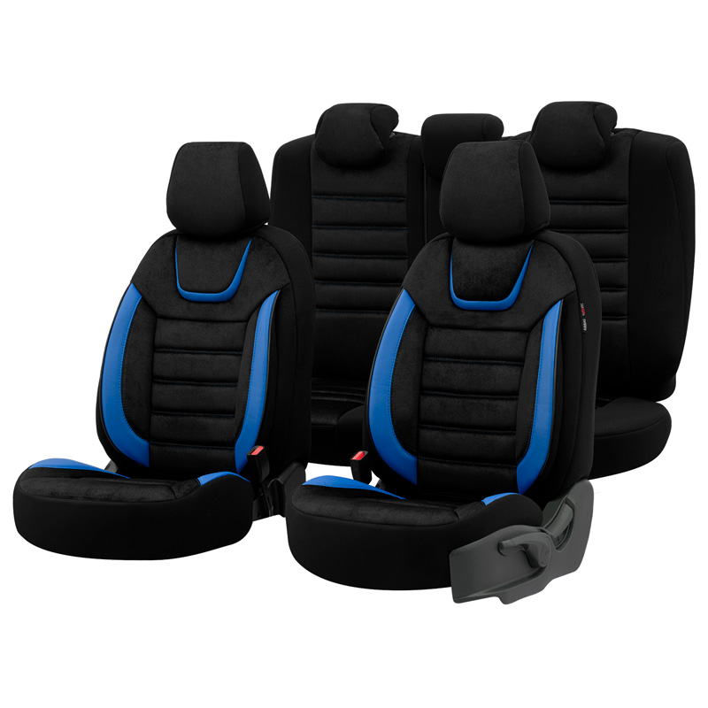 Universal Suede/Leather/Fabric Seat cover set 'Iconic' Black/Blue - 11-pieces -  Side-Airbags