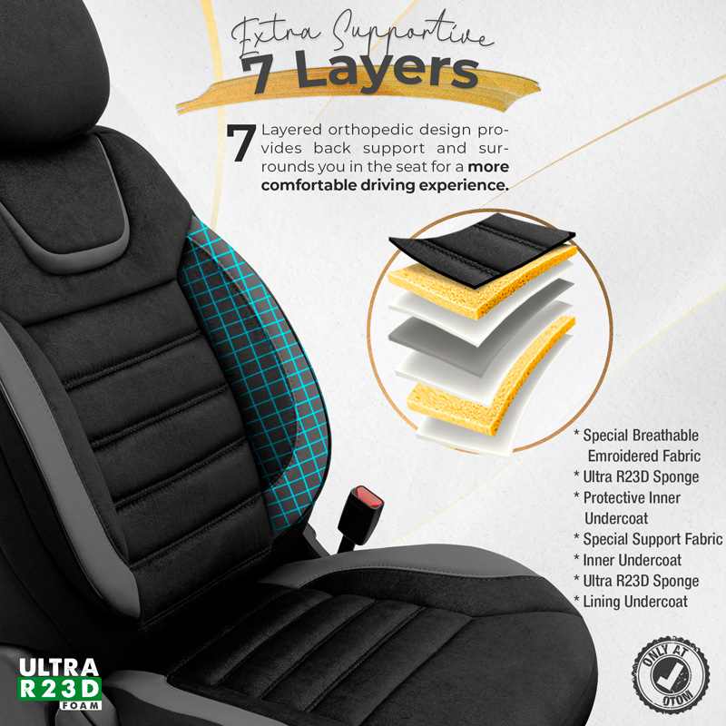 Universal Suede/Leather/Fabric Seat cover set 'Iconic' Black/Grey - 11-pieces -  Side-Airbags