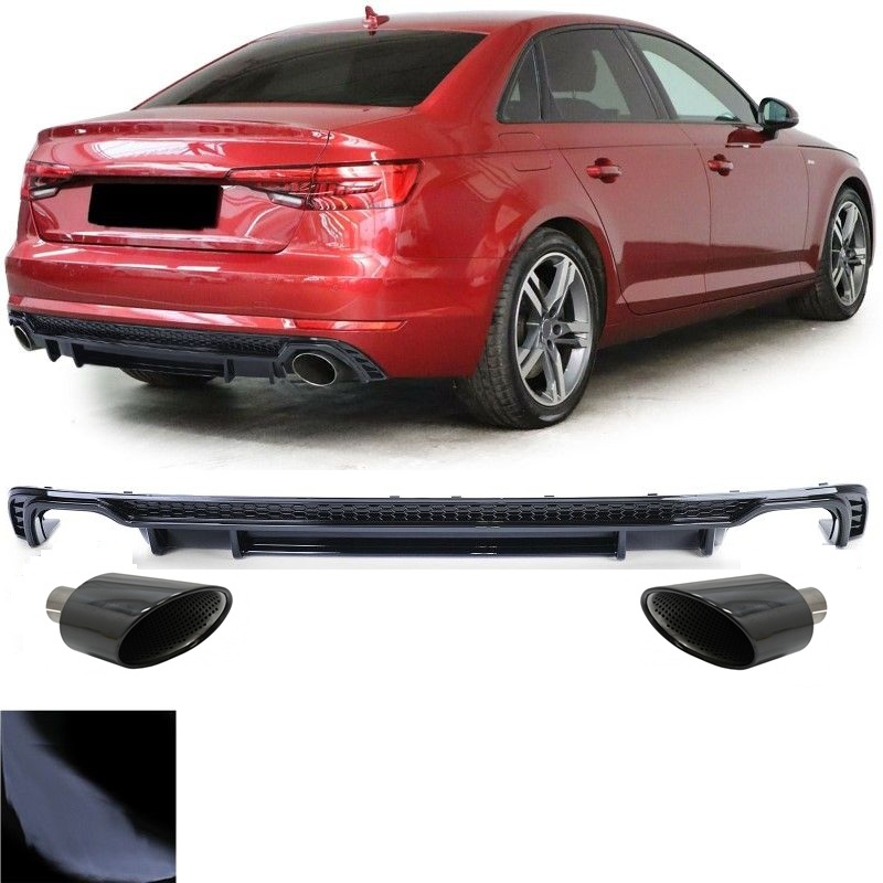 Rear Diffuser Black Gloss + Tailpipes for Audi A4 B9 15-19 with S-Line 2.0 TFSI