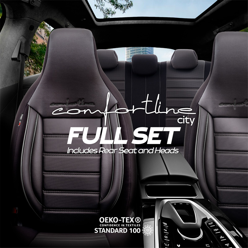 Universal Leather/Fabric 'CityBug' Seat cover set 'Comfortline' Black/Grey - 9-pieces -  Side-Airbags