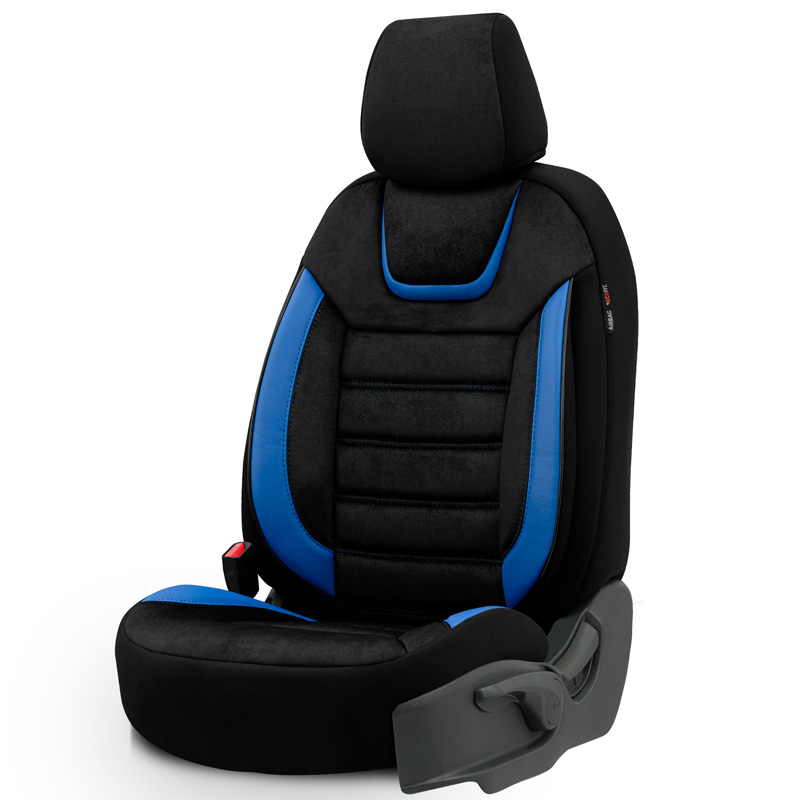 Universal Suede/Leather/Fabric Seat cover set 'Iconic' Black/Blue - 11-pieces -  Side-Airbags