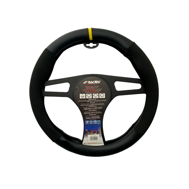 Simoni Racing Steering Wheel Cover Sporty - Black Ecoleather/Microfiber/Carbon Look + Yellow Stripe - 37-39cm