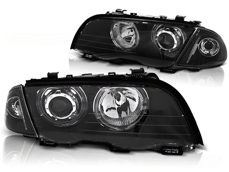 Headlights for BMW E46 4 door 98-01. Angel Eyes Black