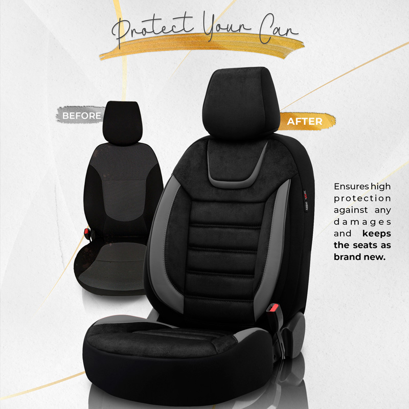 Universal Suede/Leather/Fabric Seat cover set 'Iconic' Black/Grey - 11-pieces -  Side-Airbags