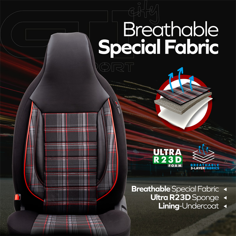 Universal Fabric 'CityBug' Seat cover set 'Sports' Black/Grey/Red - 9-pieces -  Side-Airbags
