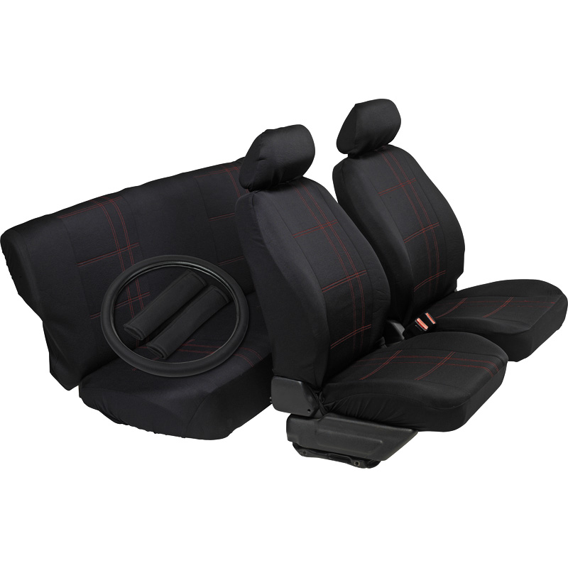 Set universal seat covers 'Stripe' - Black/Red - incl. steering wheel cover/shoulder pads/5 head rest covers