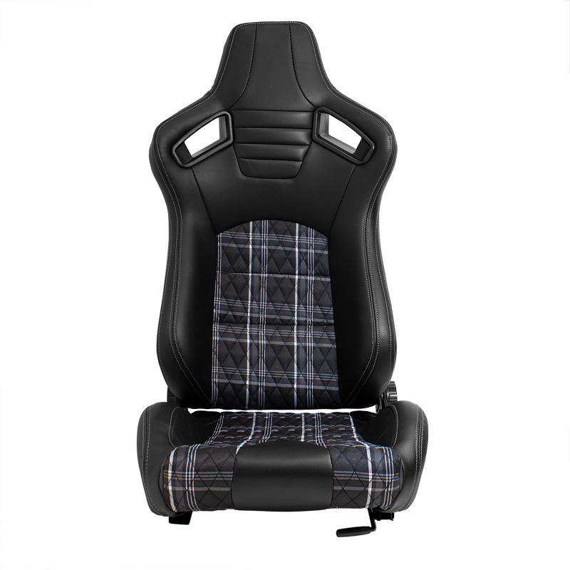 Sport seat 'GT' - Black Synthetic leather + Fabric in Grey checkered pattern + Grey stitching - Dual-side reclinable back-rest - incl. slides