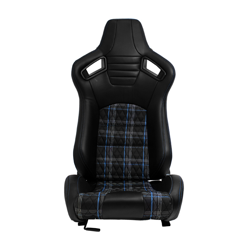 Sport seat 'GT' - Black Synthetic leather + Fabric in Blue checkered pattern + Blue stitching - Dual-side reclinable back-rest - incl. slides