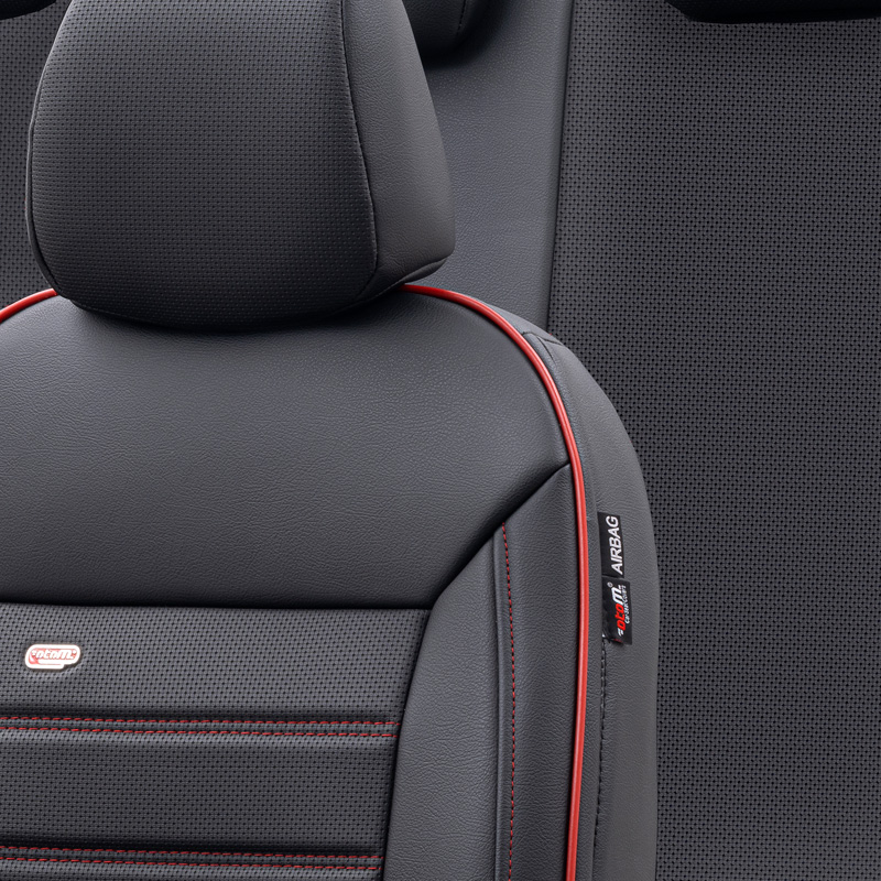 Universal Full-Leather Seat cover set 'Premium' Black + Red trim - 11-pieces -  Side-Airbags