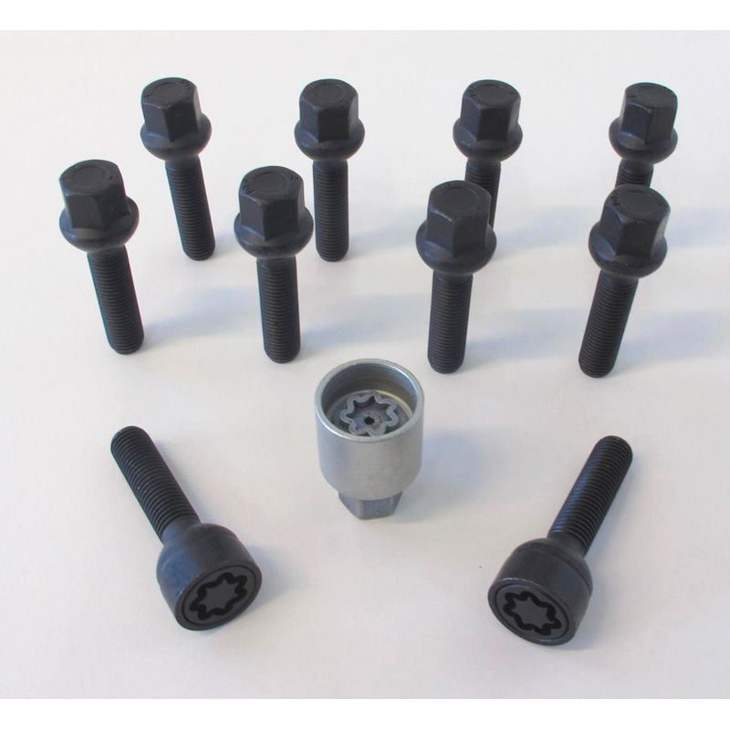 H&R Wheel bolt Set Round-Head R12 M12x1.50 - Length 50mm - Black - 10 pcs. (e.g.  Mercedes) - incl. wheel-locks