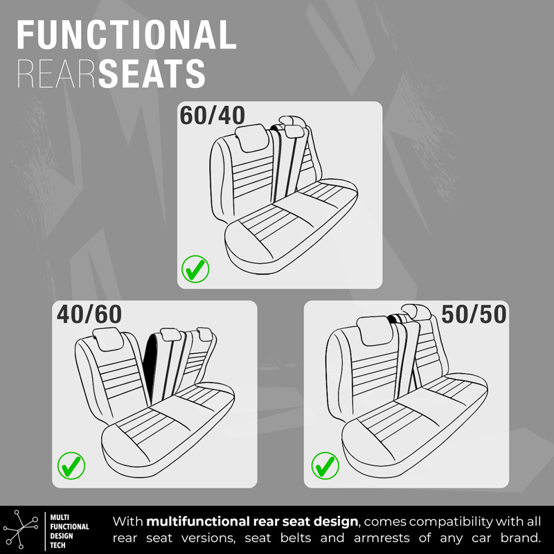Universal Fabric/Leather Seat cover set 'Limited' Black + Grey stitching - 11-pieces -  Side-Airbags