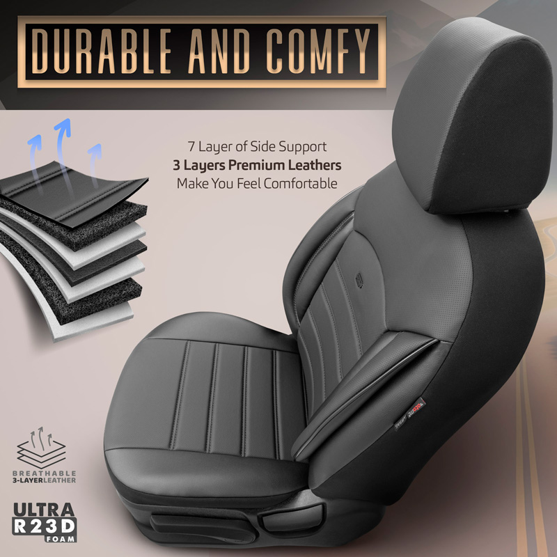 Universal Full-Leather Seat cover set 'Inspire' Black - 11-pieces -  Side-Airbags