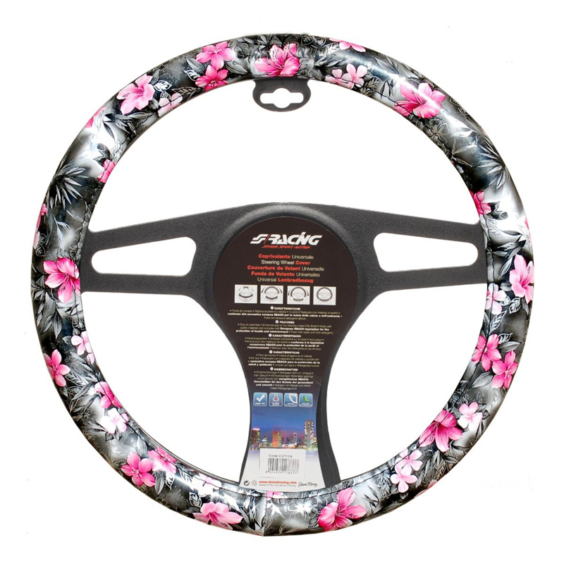 Simoni Racing Steering Wheel Cover Flower - Black Ecoleather/Pink - 37-39cm