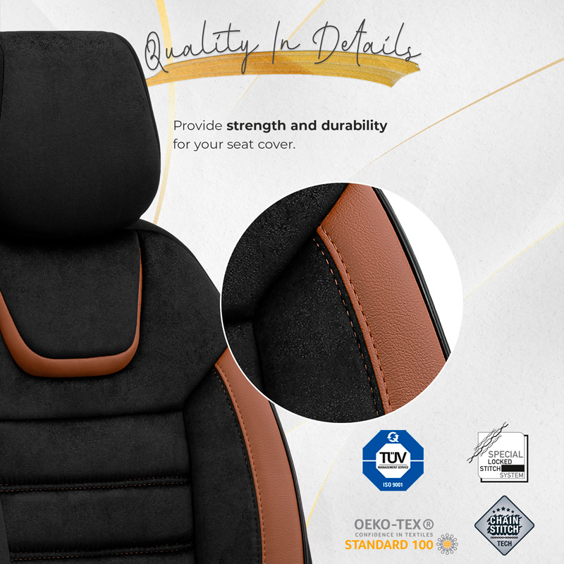 Universal Suede/Leather/Fabric Seat cover set 'Iconic' Black/Terracotta - 11-pieces -  Side-Airbags