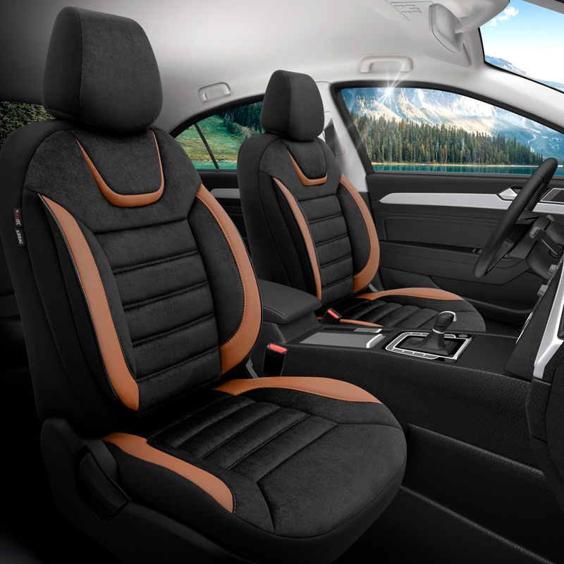 Universal Suede/Leather/Fabric Seat cover set 'Iconic' Black/Terracotta - 11-pieces -  Side-Airbags