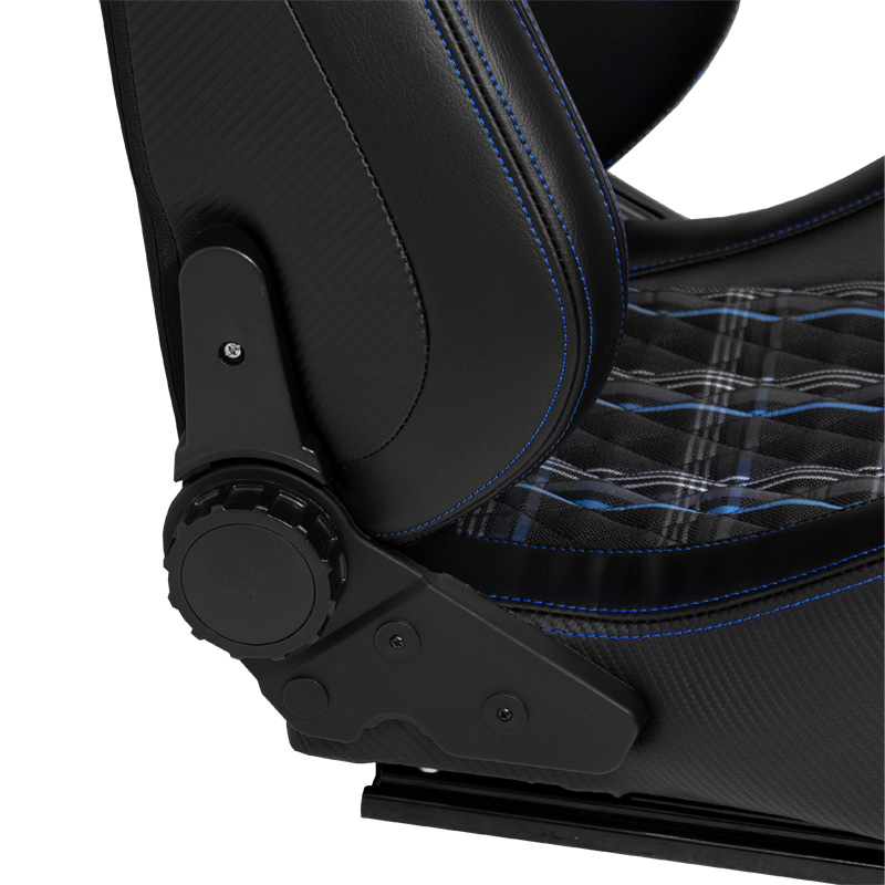 Sport seat 'GT' - Black Synthetic leather + Fabric in Blue checkered pattern + Blue stitching - Dual-side reclinable back-rest - incl. slides