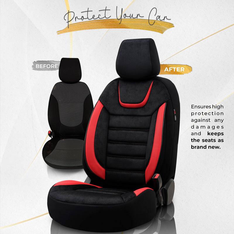 Universal Suede/Leather/Fabric Seat cover set 'Iconic' Black/Red - 11-pieces -  Side-Airbags