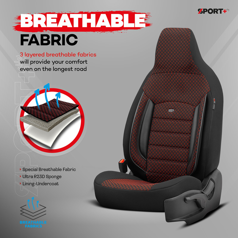 Universal Fabric 'CityBug' Seat cover set 'Sport Plus' Black/Red - 9-pieces -  Side-Airbags