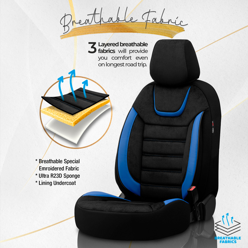 Universal Suede/Leather/Fabric Seat cover set 'Iconic' Black/Blue - 11-pieces -  Side-Airbags