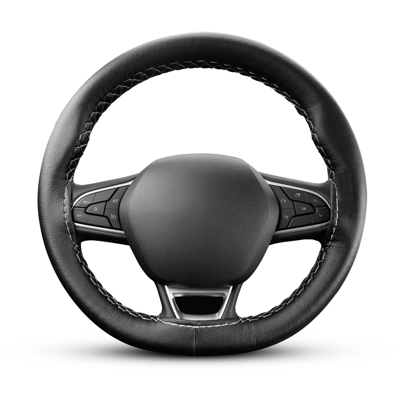 Universal steering wheel cover Classic - Black PVC leather + Grey stitch (lace)