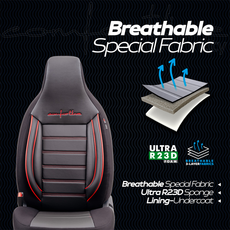 Universal Leather/Fabric 'CityBug' Seat cover set 'Comfortline' Black/Red - 9-pieces -  Side-Airbags