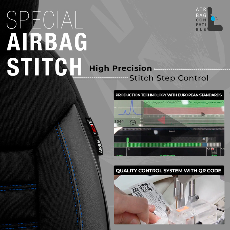 Universal Fabric/Leather Seat cover set 'Limited' Black + Blue stitching - 11-pieces -  Side-Airbags