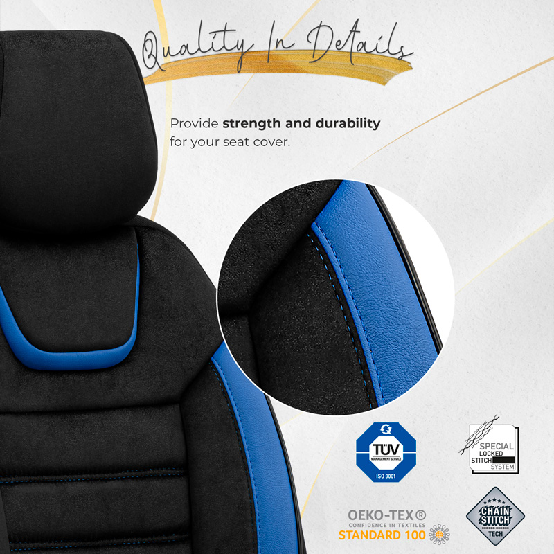 Universal Suede/Leather/Fabric Seat cover set 'Iconic' Black/Blue - 11-pieces -  Side-Airbags