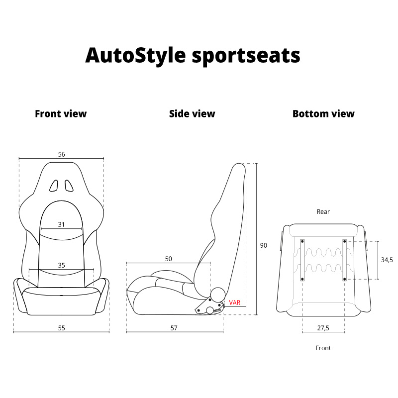 Sport seat 'TN' - Black Synthetic leather + Silver stitching - Dual-side reclinable back-rest - incl. slides