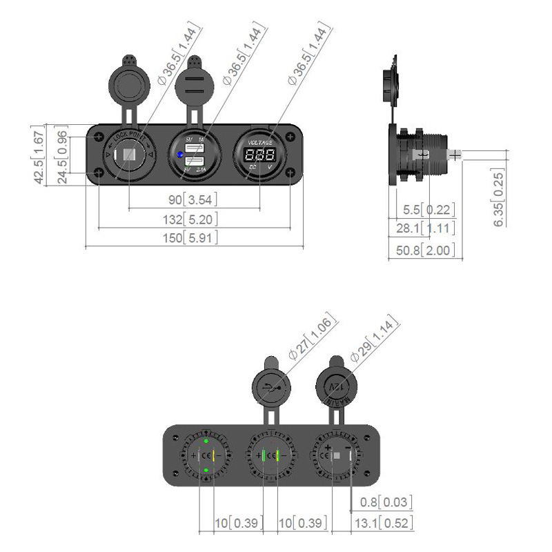 Built-in USB Adapter 3-in-1 2xUSB 5V-2,1A&1A/Voltmeter/Lighter plug/Input 12V-24V