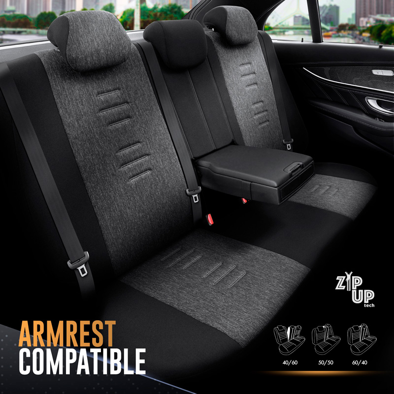 Universal Linen/Leather/Fabric Seat cover set 'Throne' Black/Grey - 11-pieces -  Side-Airbags