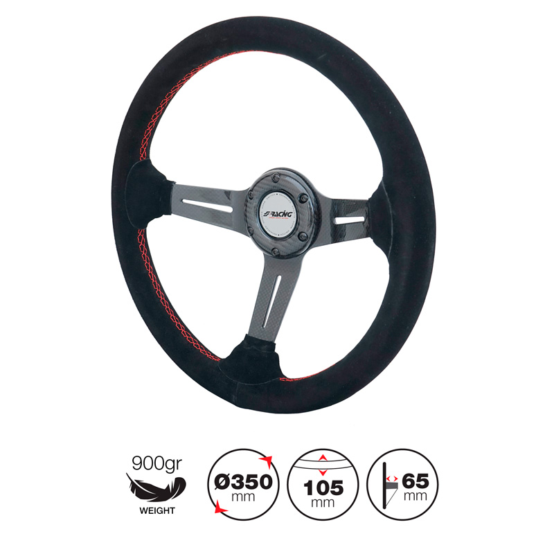 Simoni Racing Universal Steering Wheel Tommi - Carbon - Black Suede + Red Stitching - Diameter 350mm