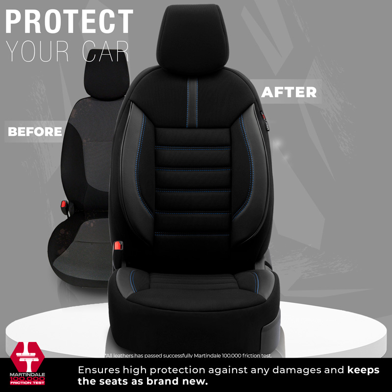 Universal Fabric/Leather Seat cover set 'Limited' Black + Blue stitching - 11-pieces -  Side-Airbags
