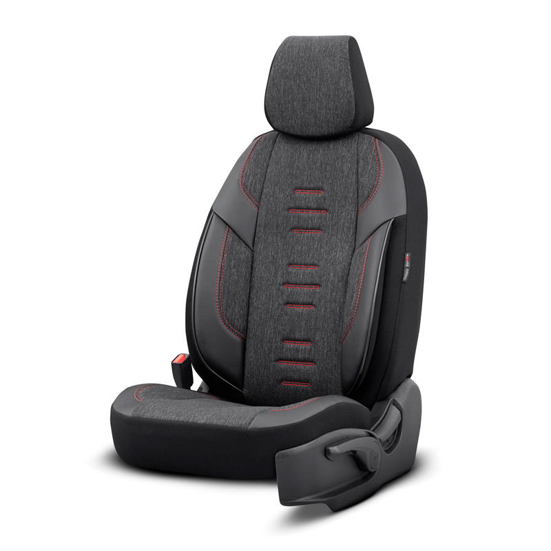 Universal Linen/Leather/Fabric Seat cover set 'Throne' Black/Grey/Red - 11-pieces -  Side-Airbags