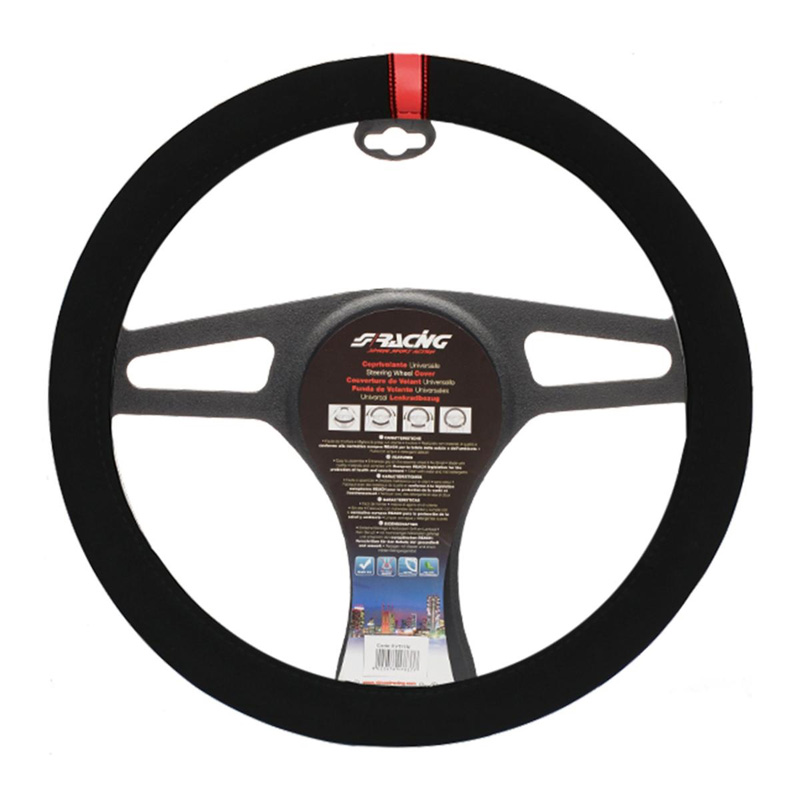 Simoni Racing Steering Wheel Cover Carrera Look - Black Microfiber + Red Stripe - 37-39cm