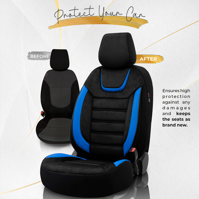Universal Suede/Leather/Fabric Seat cover set 'Iconic' Black/Blue - 11-pieces -  Side-Airbags