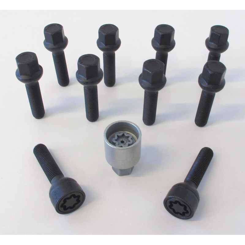 H&R Wheel bolt Set Round-Head R12 M12x1.50 - Length 45mm - Black - 10 pcs. (e.g.  Mercedes) - incl. wheel-locks