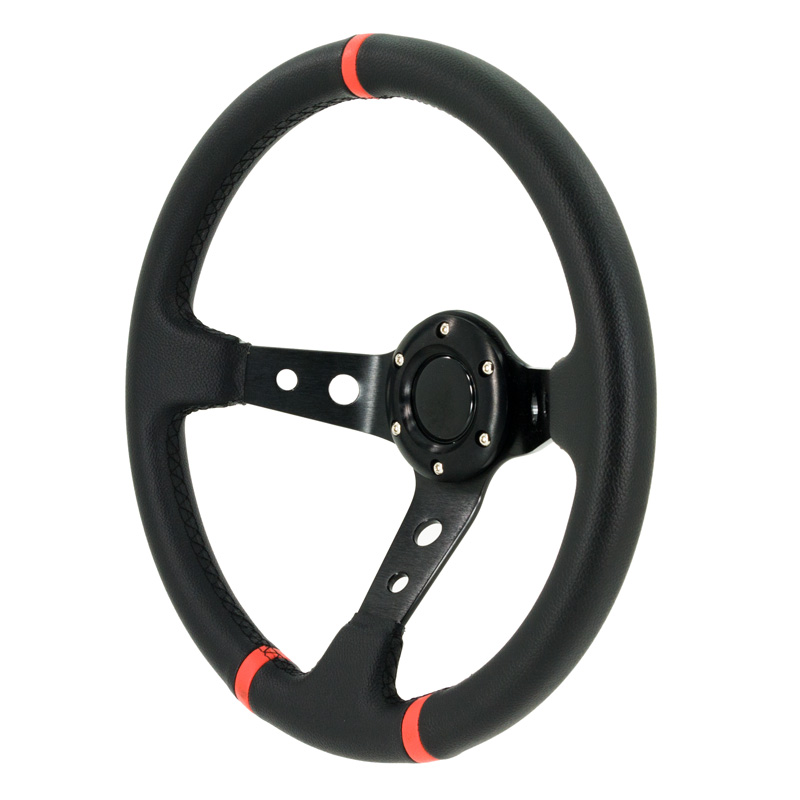 Universal steering wheel 'Deep-Dish' - Ø350mm - Black PVC-leather + Black spokes + Red Stripes