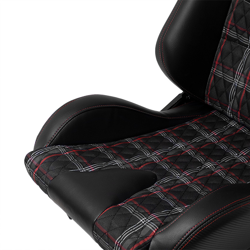 Sport seat 'GT' - Black Synthetic leather + Fabric in Red checkered pattern + Red stitching - Dual-side reclinable back-rest - incl. slides