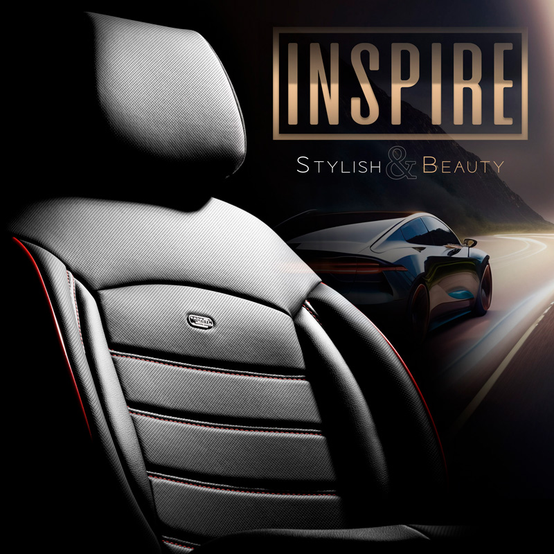 Universal Full-Leather Seat cover set 'Inspire' Black + Red trim - 11-pieces -  Side-Airbags