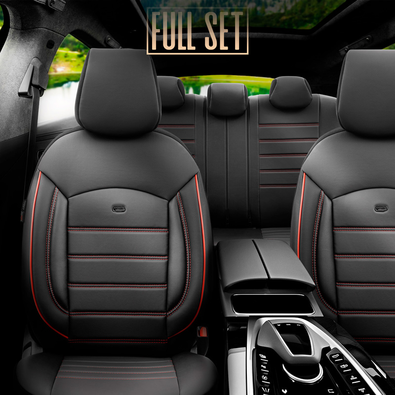 Universal Full-Leather Seat cover set 'Inspire' Black + Red trim - 11-pieces -  Side-Airbags