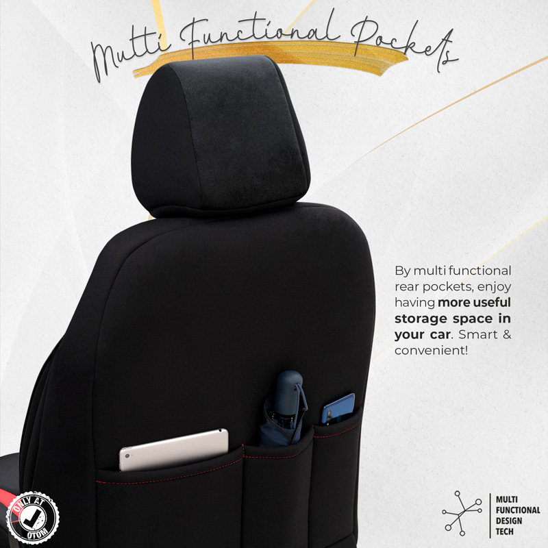 Universal Suede/Leather/Fabric Seat cover set 'Iconic' Black/Red - 11-pieces -  Side-Airbags