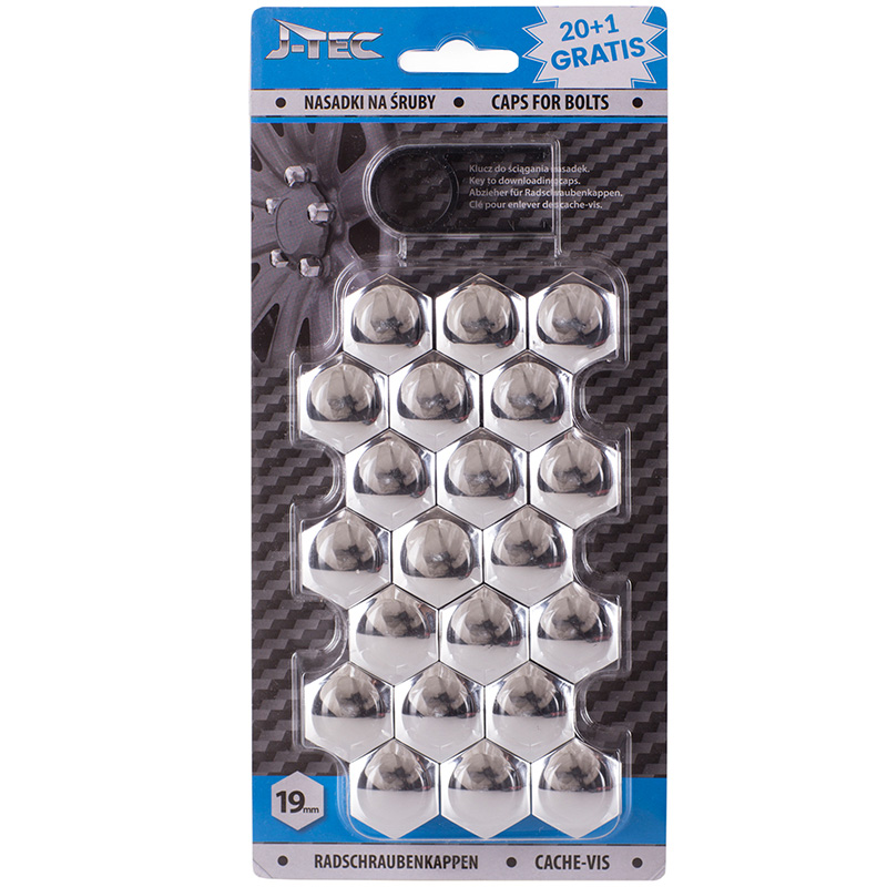 Set universal wheel nut/bolt covers - Chrome Synthetic Material - 19mm - set of 20+1 pieces