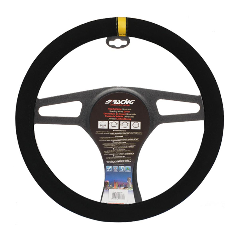 Simoni Racing Steering Wheel Cover Carrera Look - Black Microfiber + Yellow Stripe - 37-39cm