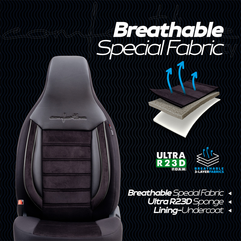 Universal Velours/Fabric 'CityBug' Seat cover set 'Comfortline' Black/Grey - 9-pieces -  Side-Airbags