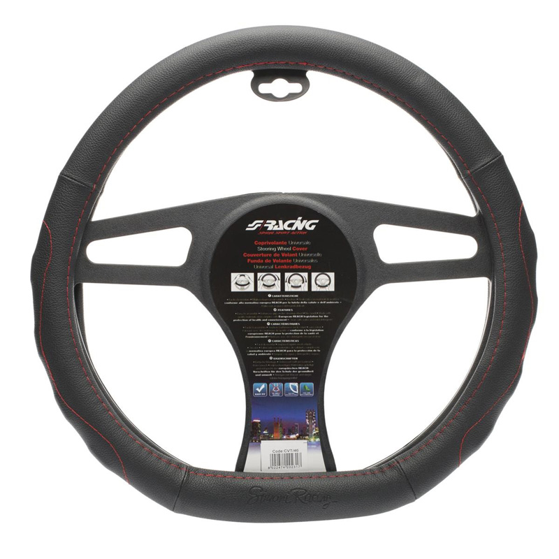 Simoni Racing Steering Wheel Cover Compe - Black Ecoleather + Red Stitching - 37-39cm