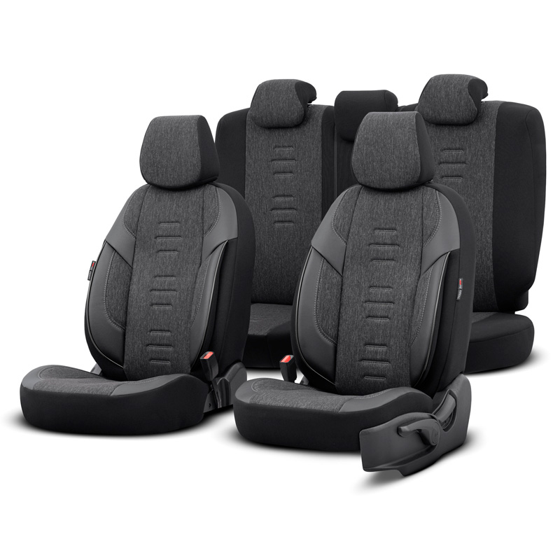 Universal Linen/Leather/Fabric Seat cover set 'Throne' Black/Grey - 11-pieces -  Side-Airbags