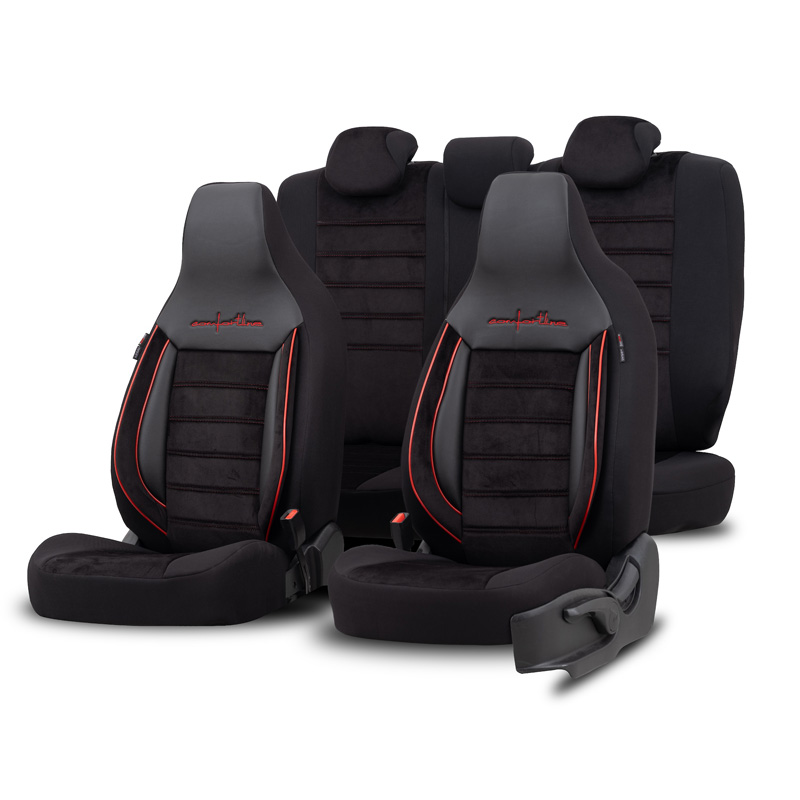 Universal Velours/Fabric 'CityBug' Seat cover set 'Comfortline' Black/Red - 9-pieces -  Side-Airbags