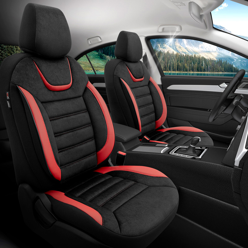 Universal Suede/Leather/Fabric Seat cover set 'Iconic' Black/Red - 11-pieces -  Side-Airbags
