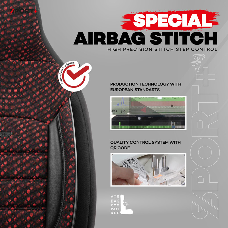 Universal Fabric 'CityBug' Seat cover set 'Sport Plus' Black/Red - 9-pieces -  Side-Airbags